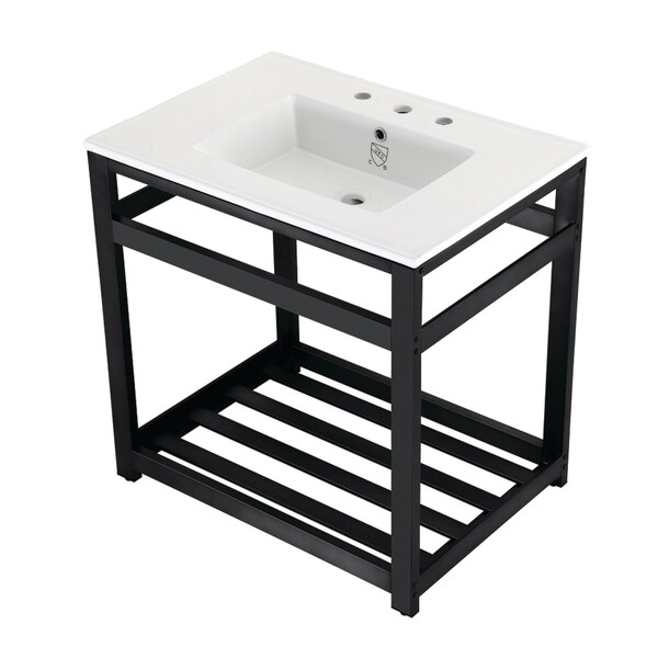 Kingston Brass VWP3122W8A0 31" Ceramic Console Sink (8", 3-Hole), White/Matte Black VWP3122W8A0 - main